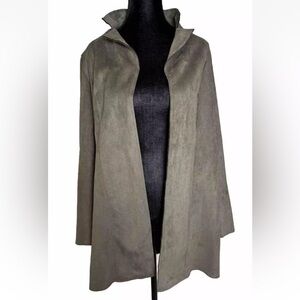 Premise Faux Leather Jacket Sz S Gray Green Open Front Minimalist Long Lines EUC